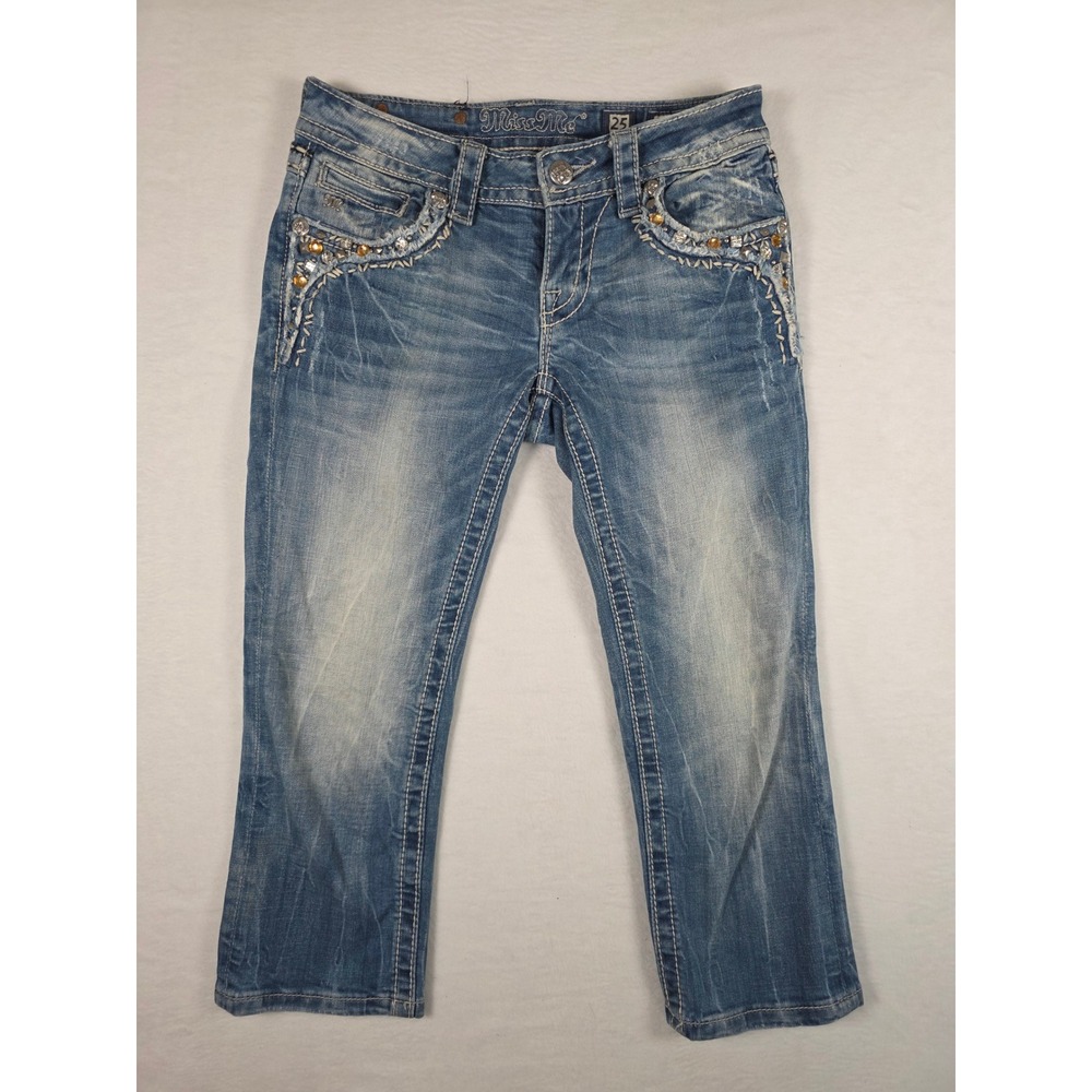 Miss Me Signature Cuffed Capri Jeans Embellished Distressed 25 Denim Y2K McBling